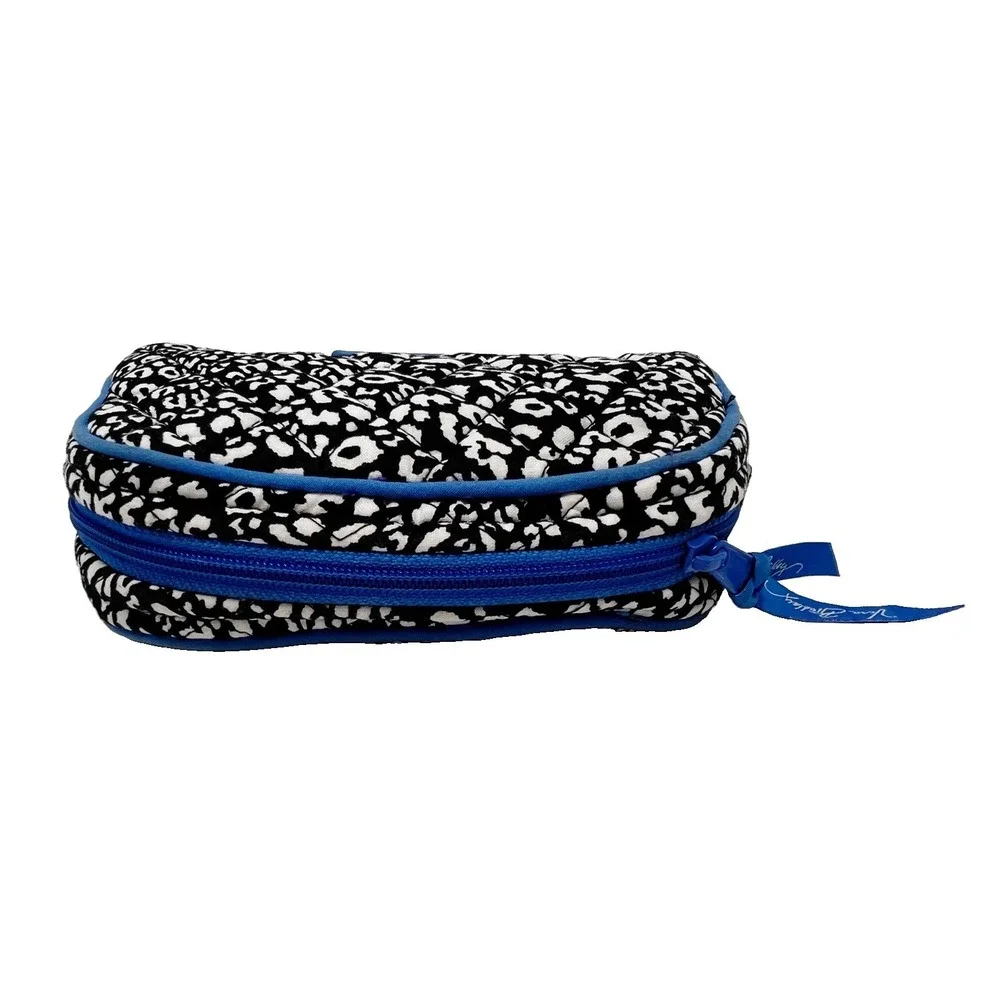 Vera Bradley Quilted Cosmetic Bag Black White Leopard Print Blue Trim Dome Pouch